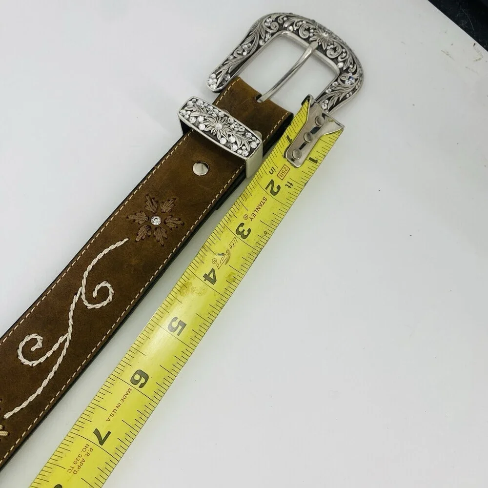 Nocona Belt Co Brown Western Embroidered Leather Belt Large Floral Silver Buckle